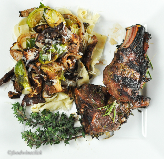 Goat chops & pasta with brussels sprouts, onions & mushrooms