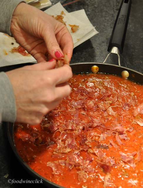 The sauce: San Marzano tomatoes, pork sausage, pancetta