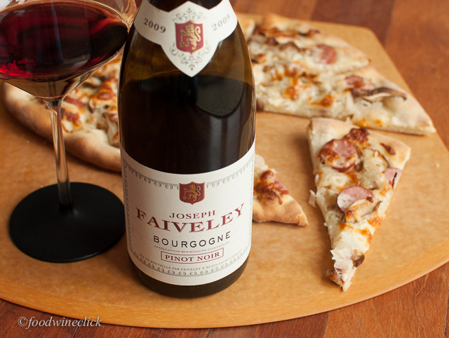 Joseph Faiveley Bourgogne Rouge with Kielbasi & Sauerkraut flatbread.