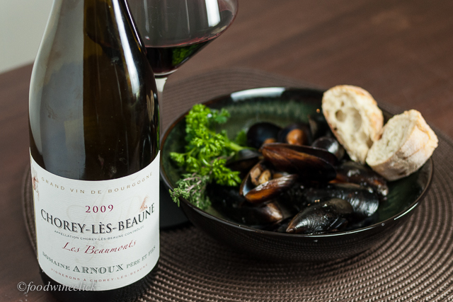 The Chorey Lès Beaune had an earthy side that held up to the mussels