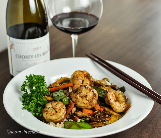 The stir-fry sauce had lots of umami flavors which linked nicely to the earthy side of the Burgundy