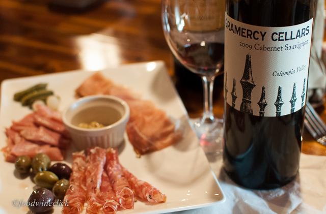 Gramercey Cellars Cabernet Sauvignon and charcuterie plate.