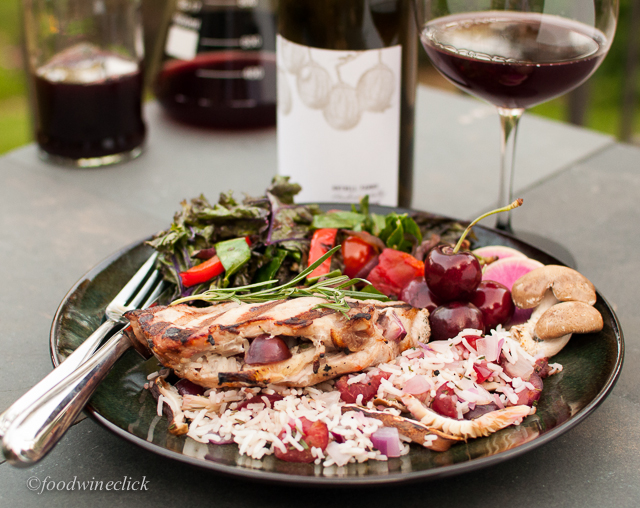 finished cherry and mushroom stuffed pork chops with anthill farms pinot noir