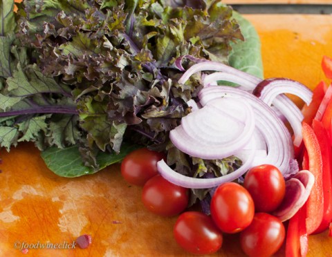 collards, kale, red onions, cherry tomatoes