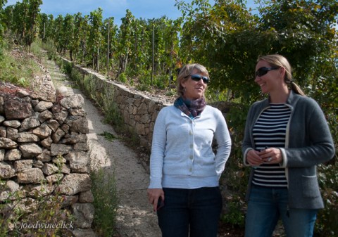 Julie and Erin Cannon Chave at the bottom of the hill at Hermitage - steep!