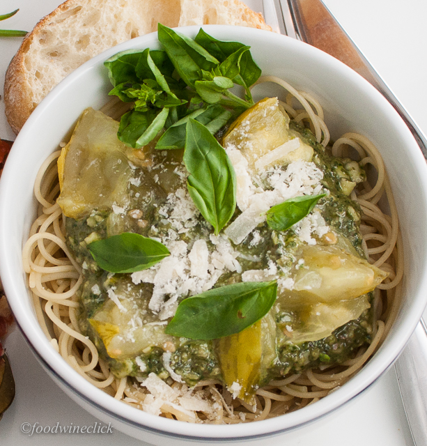 Beet green pesto with fresh heirloom (green) tomatoes