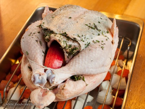 Stuffed with herbs & apples, trussed and ready for the oven