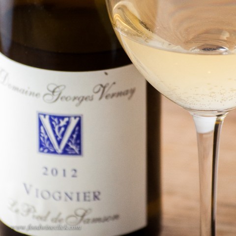 Georges Vernay Viognier, almost Condrieu.  Note the tiny bubbles in the glass.