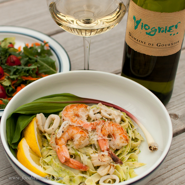 Shrimp & calamari with fresh garlic ramp pesto on homemade fettucine