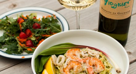 viognier shrimp calamari garlic ramp pesto fettucine