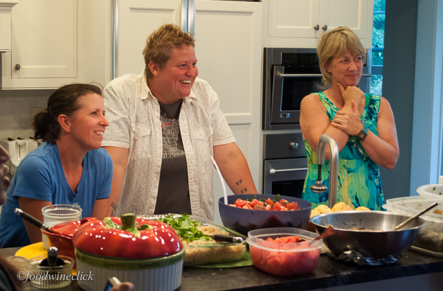 Elizabeth & Karla, our CSA farmers at a potluck at our house. Julie (right) is not a CSA farmer.