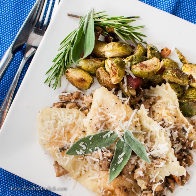 All from scratch: butternut squash ravioli in cornish hen ragu with roasted brussels sprouts w/ pancetta