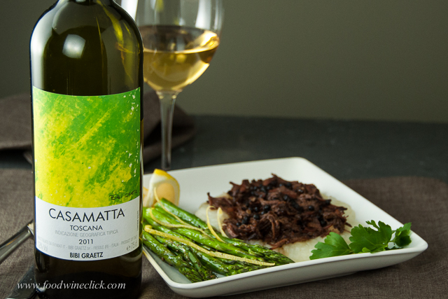 Whole peppercorns were too much for the tannins in the Brunello. Crisp white was a better choice