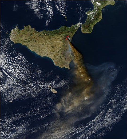 Beautiful image of Sicily, complete with Mt. Etna plume. Photo courtesy of NASA