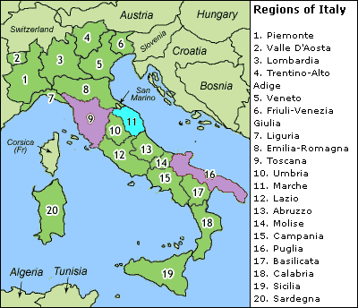 Le Marche is shown in bright blue, which goes well with all that coastline on the Adriatic Sea. Map courtesy of www.inlemarche.com