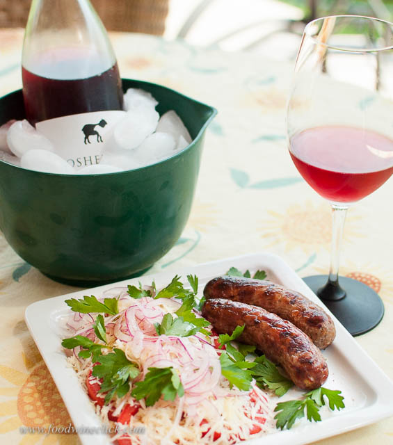 two shepherds rosé, bratwurst, salad
