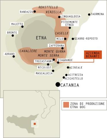 The vineyards are in the tan colored zone, circling Mt. Etna. In some cases, the vines are planted in the areas between recent lava flows! Map courtesy of