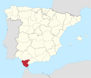 Sherry comes from Jerez in Spain, pictured in red. (image courtesy of wikipedia.org)