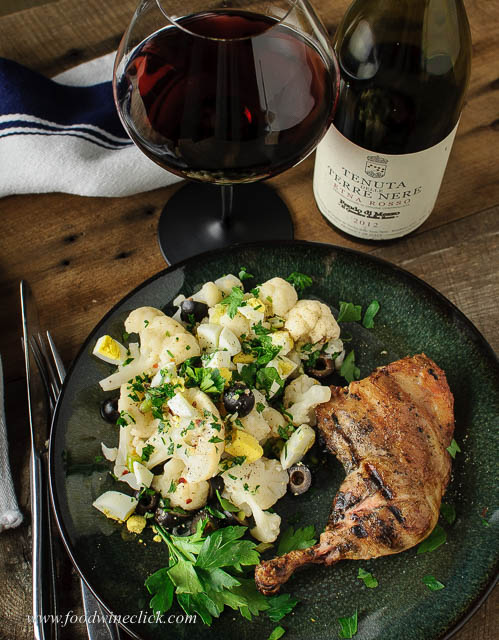 Tenuta delle Terre Nere Etna Rosso paired with grilled chicken and a Sicilian cold cauliflower salad
