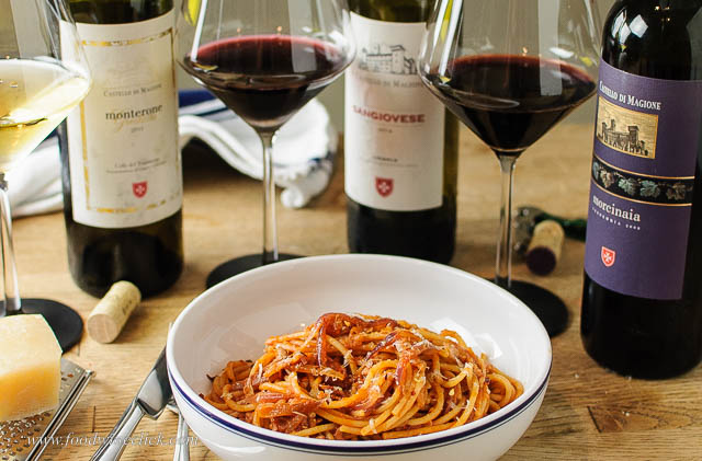 pasta amatriciana with wines from Castello di Magione