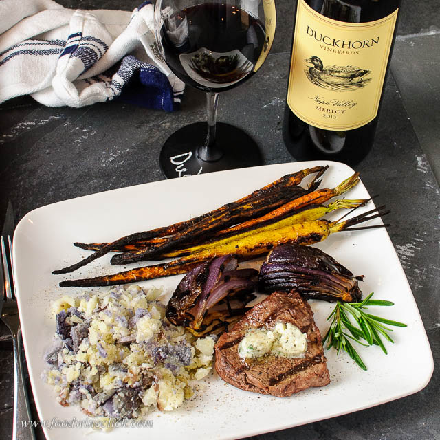 Duckhorn Merlot paired with steak, potatoes and roasted carrots