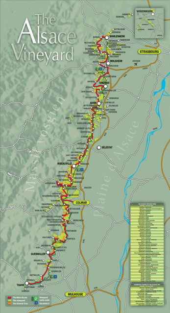 The Alsace region sits between the Vosges Mountains and the Rhine river.Alsace map courtesy of the Alsace wine route