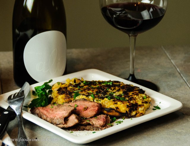Alit Pinot Noir paired with flank steak and risotto fritto