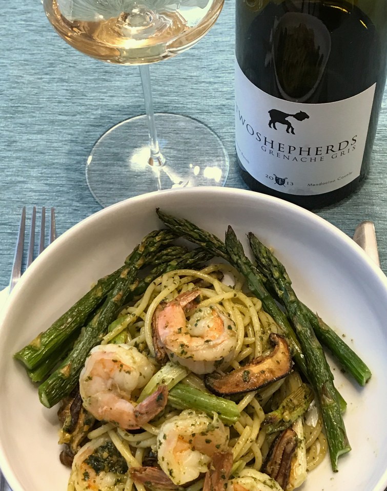 Two Shepherds Grenache Gris with shrimp pesto pasta
