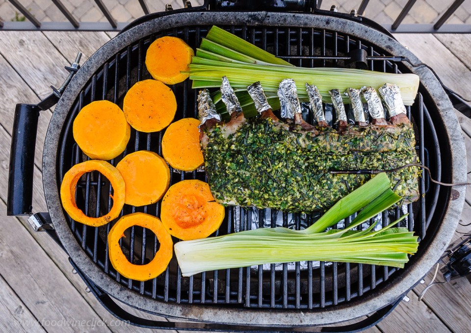 Primo grill set for two zone cooking vegetables and rack of lamb