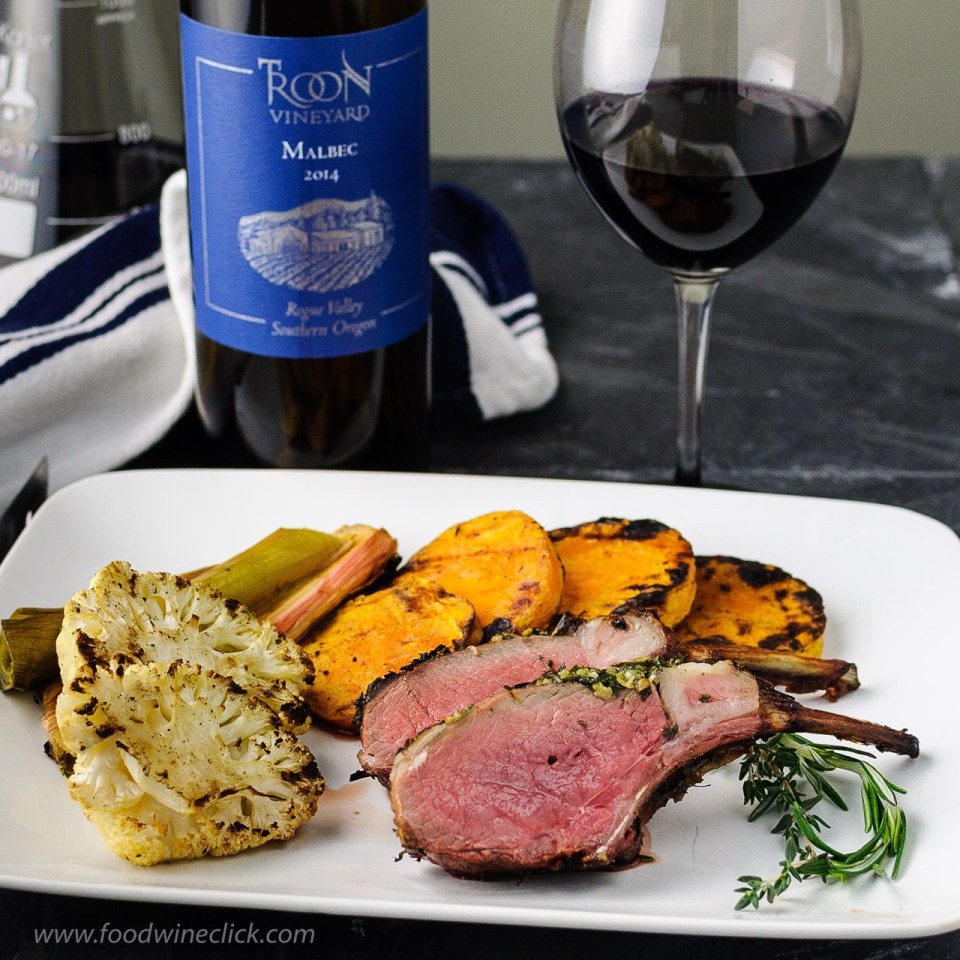 Troon Malbec lamb chops done to rare with a rosemary-thyme-garlic rub