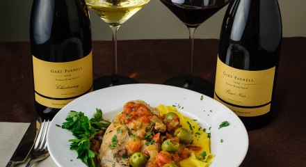Gary Farrell wines with rabbit & green olives
