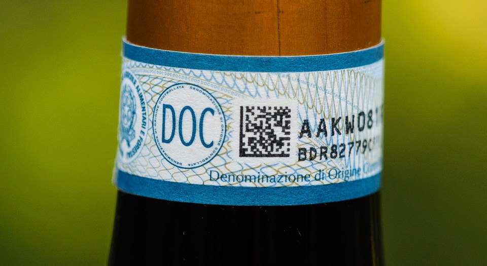 DOC sticker on a bottle of Italian wine