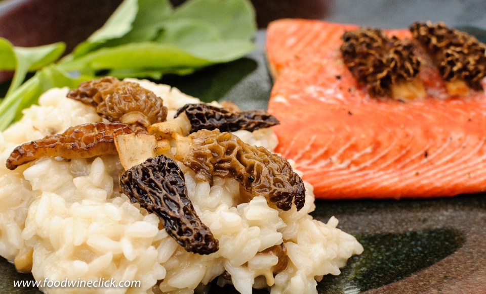 Morel mushroom risotto with cedar planked salmon