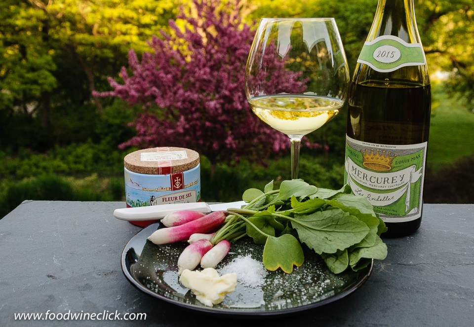French breakfast radishes, butter and sea salt served with Bourgogne Blanc