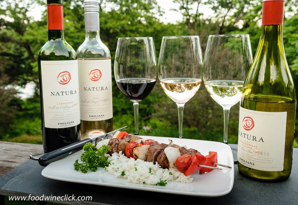 Natura Wines with grilled beef skewers