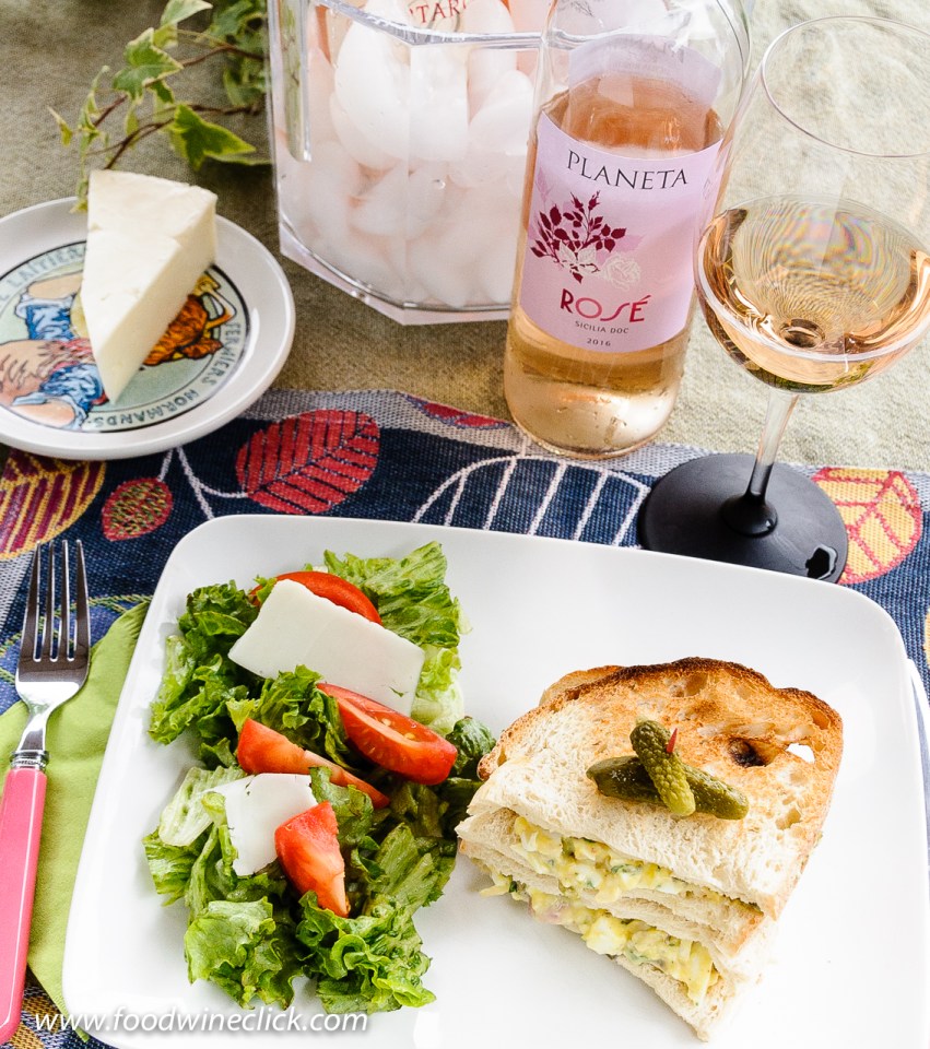 Planeta rosé with egg salad sandwich