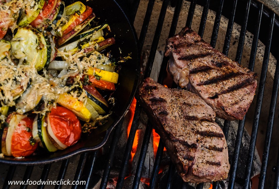 Vegetable gratin and steak on the Primo ceramic grill