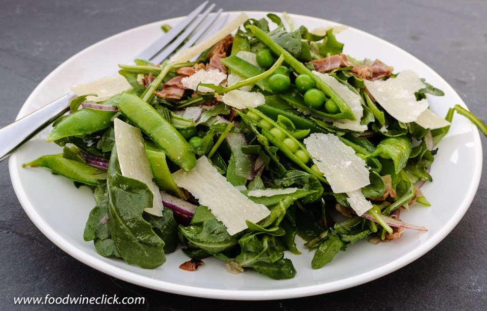 Salad with fresh spring peas, crispy Prosciutto and shaved Parmigiano Reggiano