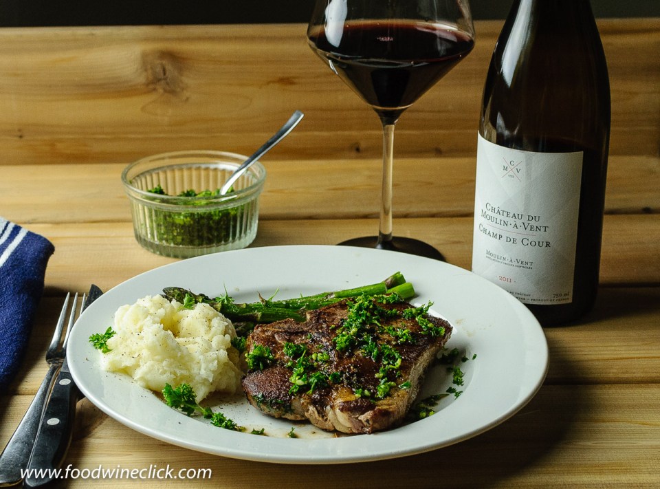 Château du Moulin-à-Vent Cru Beaujolais wine served with pan roasted pork chop with gremolata