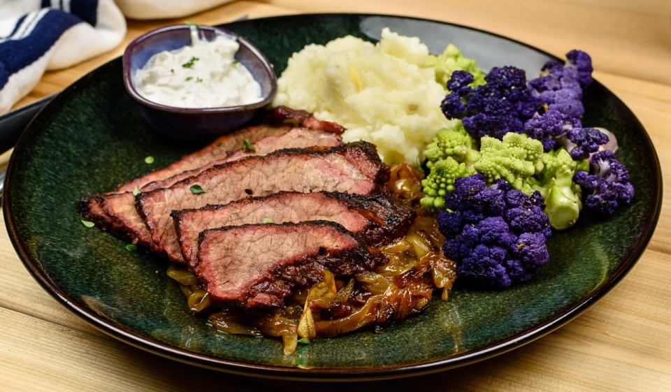 Braised beef brisket with onions and horseradish sauce