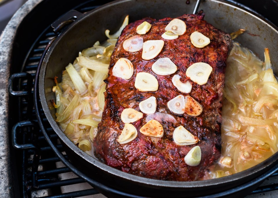 Braising onions and brisket on the Primo Ceramic Grill