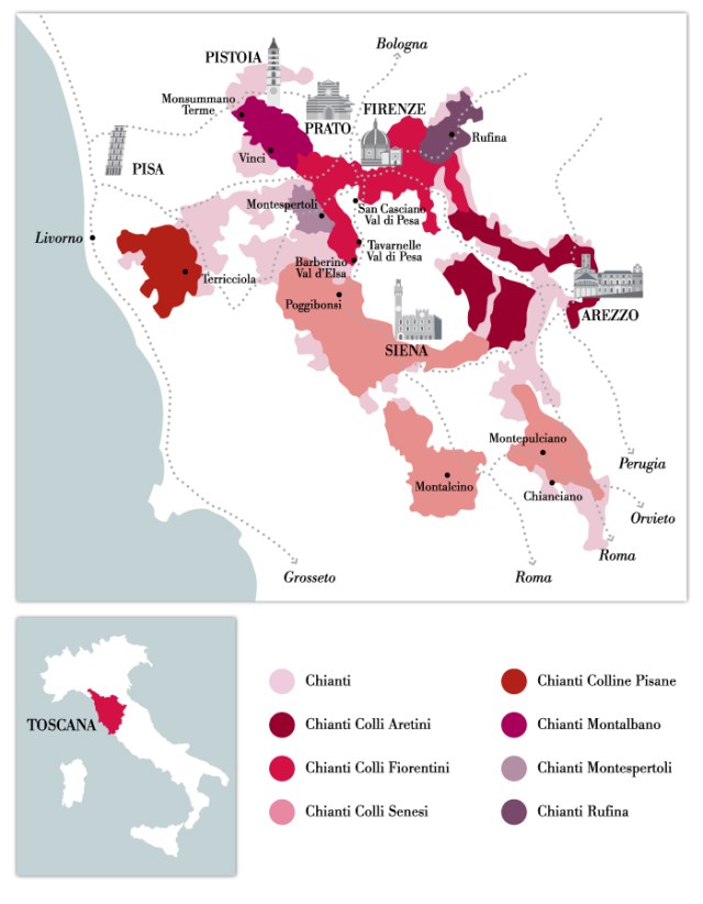Map of Chianti towns outside of Chianti Classico. courtesy of Consorzio Vino Chianti