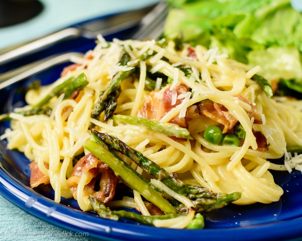 spaghetti carbonara with asparagus and peas at www.foodwineclick.com