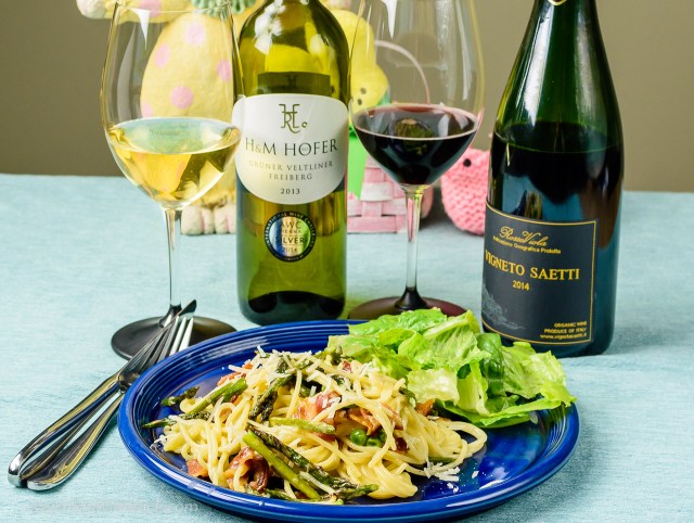 spaghetti carbonara with asparagus and peas. Served with Gruner Veltliner and Dry Lambrusco