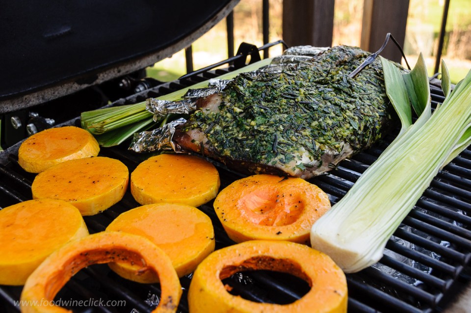 grilled vegetables and rack of lamb on a primo ceramic grill