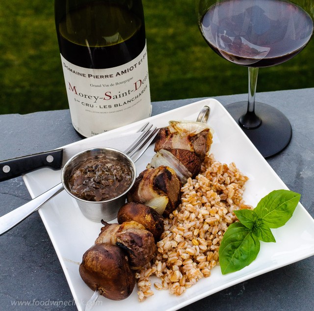 Beef Bourguignon-on-a-stick served with Pierre Amiot et Fils Morey-Saint-Denis red Burgundy