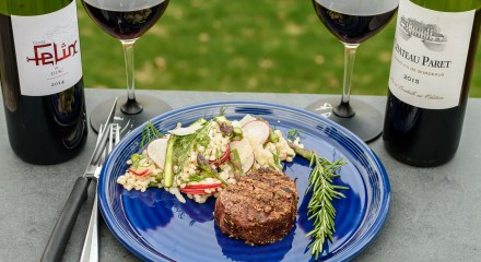 Modern and traditional Côtes de Bordeaux wines with porcini rubbed tenderloin