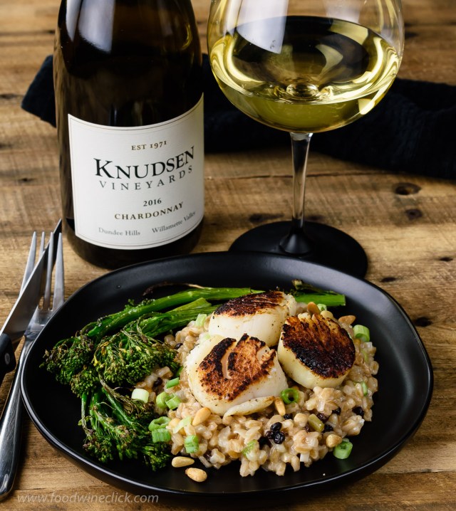 Knudsen Vineyards Chardonnay paired with seared scallops with farro "risotto"