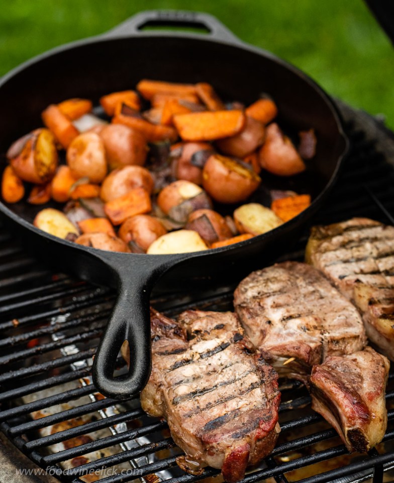 Country ribs, potatoes and carrots on the Primo Jr. grill