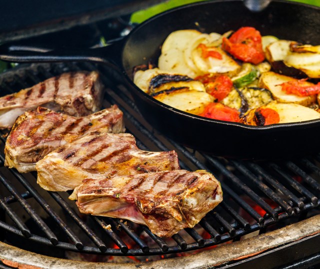 Lamb chops and vegetable tian on the Primo Ceramic Grill